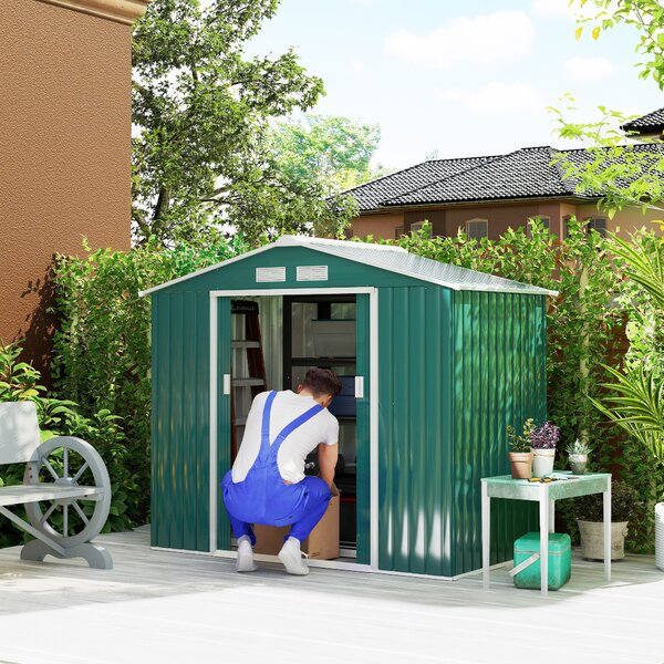 Zahradní kůlna Outsunny 2,42m² s výztužným podkladem bez podlahy 213x130x185 cm; venkovní zahradní kůlna se 2 posuvnými dveřmi a 4 okny na úložný pros