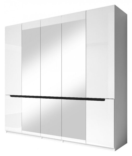 Pětidvéřová skříň HACHI se třemi zrcadly - šířka 225 cm, bílá