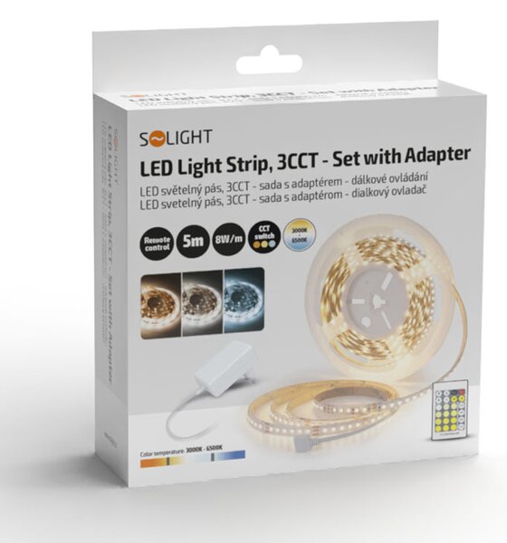 SOLIGHT LED světelný pás 3CCT 5m sada s 12V adaptérem a dálk. ovladačem 7.2W/m IP20