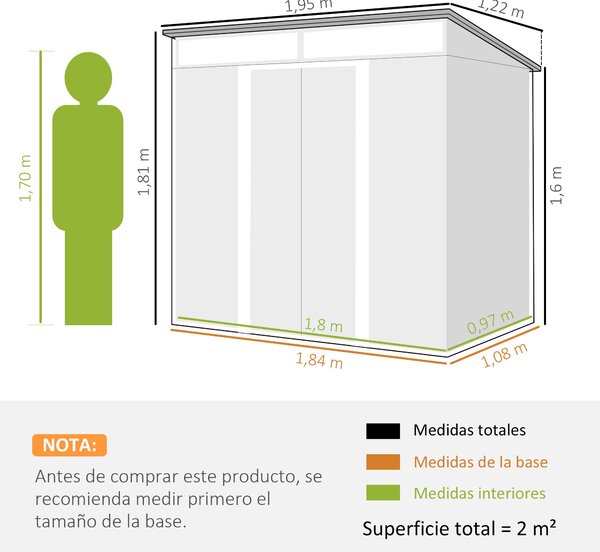 Zahradní kůlna Outsunny 2m² 195x122x181,5 cm Kovová kůlna bez podlahy se posuvnými dveřmi, 2 okny a UV ochranou na uložiště nářadí na terase či patio