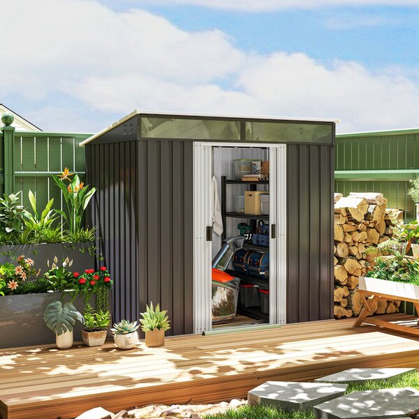Zahradní kůlna Outsunny 2m² 195x122x181,5 cm Kovová kůlna bez podlahy se posuvnými dveřmi, 2 okny a UV ochranou na uložiště nářadí na terase či patio