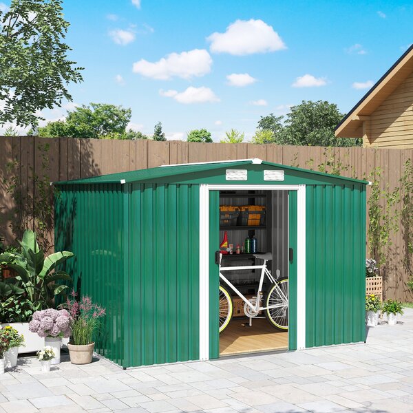 Zahradní kůlna Outsunny 258x206x178 cm 5.3m² s posuvnými dveřmi a ventilací pro ukládání zahradních nástrojů Zelená | Aosom