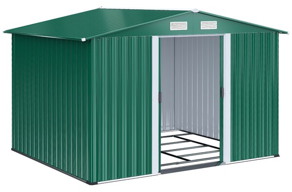 Zahradní kůlna Outsunny 258x206x178 cm 5.3m² s posuvnými dveřmi a ventilací pro ukládání zahradních nástrojů Zelená | Aosom
