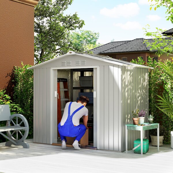 Zahradní Kůlna Outsunny 2,42 m² s Opevněným Základem Bez Podlahy 213x130x185 cm Zahradní Kůlna s Posuvnými Dveřmi, Střešním Okenním Zasklením a 4 Okny