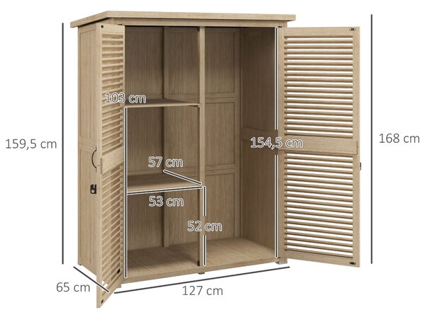 Outsunny Dřevěná Kůlna 0.83 m² 127x65x168 cm Exteriérový Dřevěný Kroužek se 2 Závěsnými Dveřmi, 2 Policemi, 2 Rukojeťmi a Voděodolnou Stříškou pro Zah