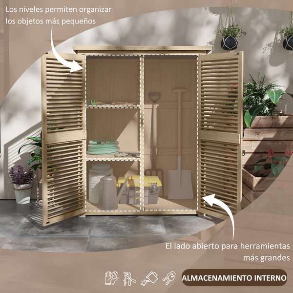 Outsunny Dřevěná Kůlna 0.83 m² 127x65x168 cm Exteriérový Dřevěný Kroužek se 2 Závěsnými Dveřmi, 2 Policemi, 2 Rukojeťmi a Voděodolnou Stříškou pro Zah