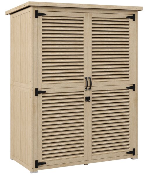 Outsunny Dřevěná Kůlna 0.83 m² 127x65x168 cm Exteriérový Dřevěný Kroužek se 2 Závěsnými Dveřmi, 2 Policemi, 2 Rukojeťmi a Voděodolnou Stříškou pro Zah