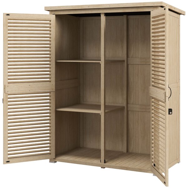 Outsunny Dřevěná Kůlna 0.83 m² 127x65x168 cm Exteriérový Dřevěný Kroužek se 2 Závěsnými Dveřmi, 2 Policemi, 2 Rukojeťmi a Voděodolnou Stříškou pro Zah