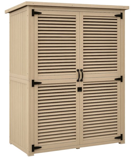 Outsunny Dřevěná Kůlna 0.83 m² 127x65x168 cm Exteriérový Dřevěný Kroužek se 2 Závěsnými Dveřmi, 2 Policemi, 2 Rukojeťmi a Voděodolnou Stříškou pro Zah
