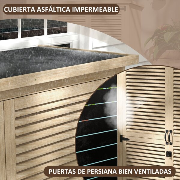Outsunny Dřevěná Kůlna 0.83 m² 127x65x168 cm Exteriérový Dřevěný Kroužek se 2 Závěsnými Dveřmi, 2 Policemi, 2 Rukojeťmi a Voděodolnou Stříškou pro Zah