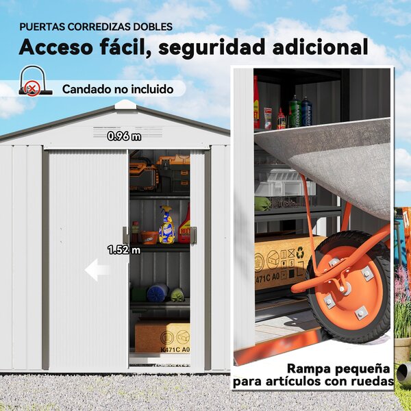 Zahradní kůlna Outsunny 2,5 m² s vyztuženou základnou bez podlahy 213x130x185 cm, venkovní zahradní kůlna se 2 posuvnými dveřmi a 4 okny pro uskladněn