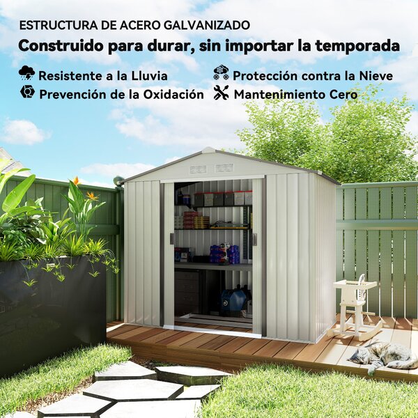 Zahradní kůlna Outsunny 2,5 m² s vyztuženou základnou bez podlahy 213x130x185 cm, venkovní zahradní kůlna se 2 posuvnými dveřmi a 4 okny pro uskladněn