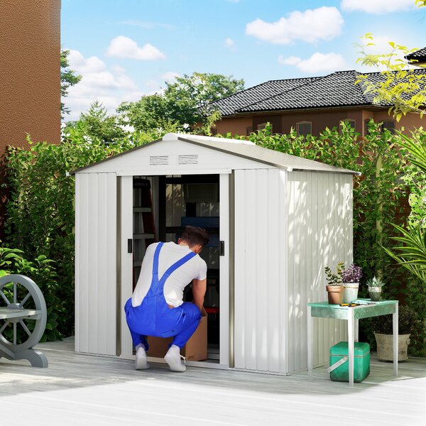 Zahradní kůlna Outsunny 2,5 m² s vyztuženou základnou bez podlahy 213x130x185 cm, venkovní zahradní kůlna se 2 posuvnými dveřmi a 4 okny pro uskladněn