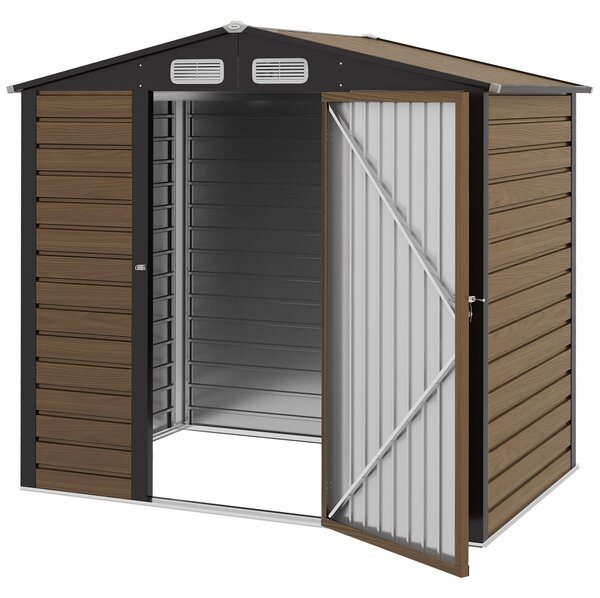 Zahradní kůlna Outsunny 190x131x188 cm - Venku umístěný úložný domek s 2 větracími okny a dveřmi pro terasu, balkon a patio - Dub | Aosom