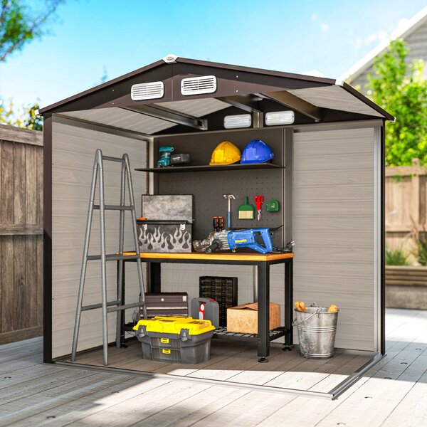 Zahradní kůlna Outsunny 190x131x188 cm - Venku umístěný úložný domek s 2 větracími okny a dveřmi pro terasu, balkon a patio - Dub | Aosom