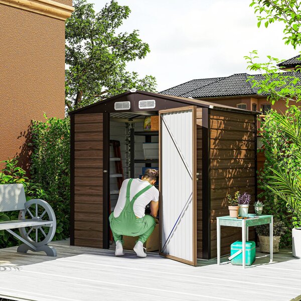 Zahradní kůlna Outsunny 190x131x188 cm - Venku umístěný úložný domek s 2 větracími okny a dveřmi pro terasu, balkon a patio - Dub | Aosom