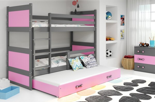 Dětská patrová postel s přistýlkou a matracemi 80x160 FERGUS - grafit / růžová