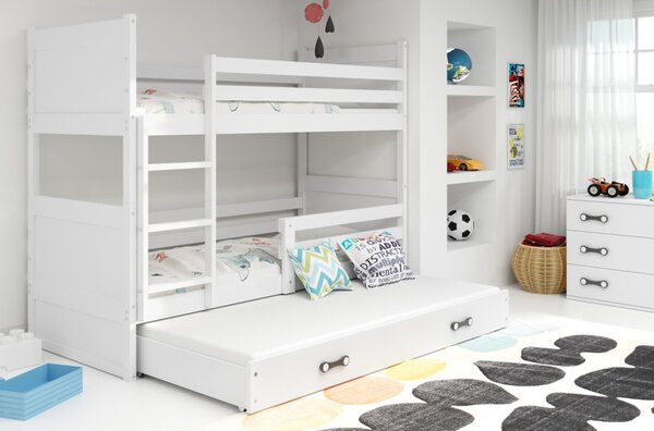 Dětská patrová postel s přistýlkou a matracemi 90x200 FERGUS - bílá