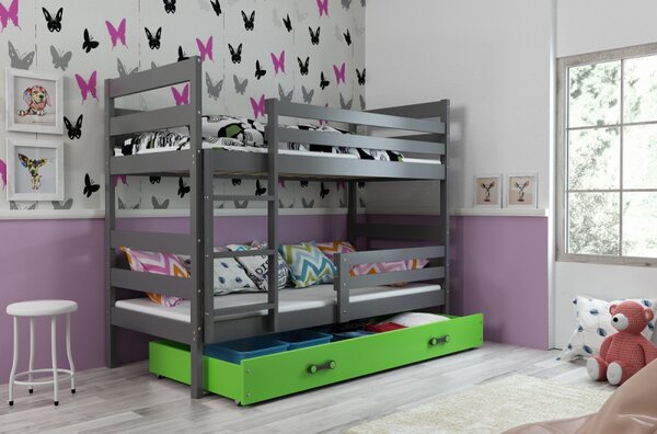 Dětská patrová postel s úložným prostorem s matracemi 90x200 MELANIE - grafit / zelená