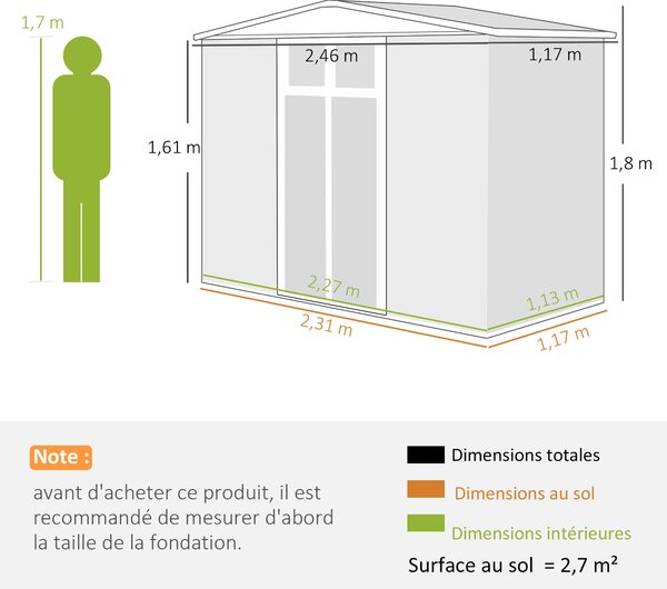 Kovová zahradní kůlna Outsunny 2,7 m² 246 x 117 x 180 cm Skladovací kůlna s oknem, 4 ventilačními otvory a zámkovými dveřmi, venkovní ocelová zahradní