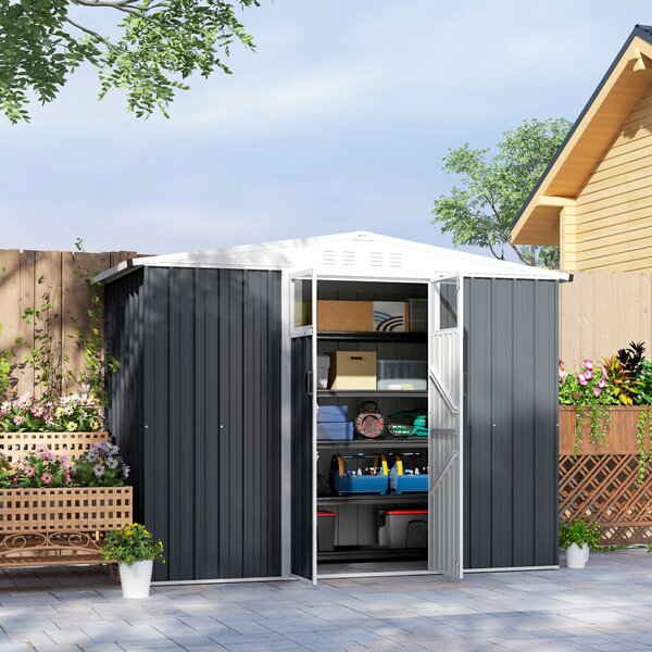 Kovová zahradní kůlna Outsunny 2,7 m² 246 x 117 x 180 cm Skladovací kůlna s oknem, 4 ventilačními otvory a zámkovými dveřmi, venkovní ocelová zahradní