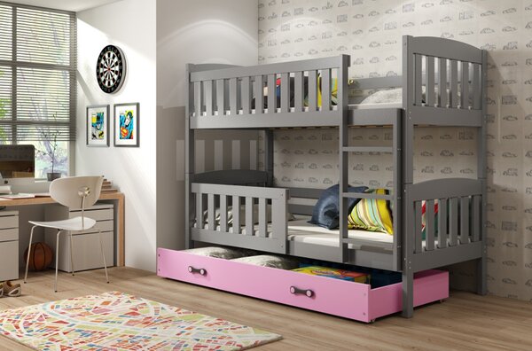 Dětská patrová postel s úložným prostorem s matracemi 90x200 BRIGID - grafit / růžová