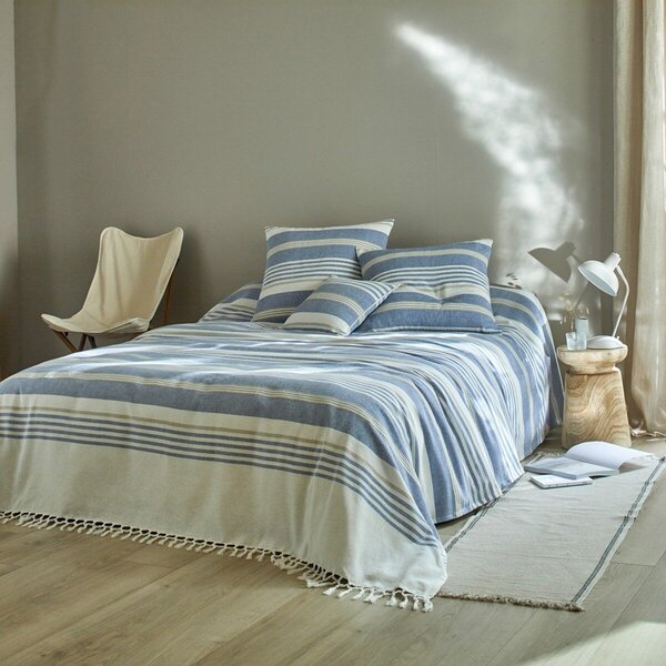 Kolekce ručně tkaných pruhovaných přehozů a povlaků na polštářky modrá přehoz 180x240 cm