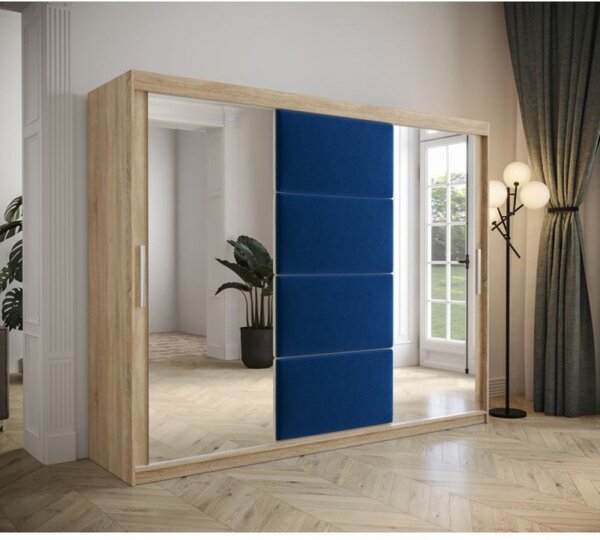 Šatní skříň s posuvnými dveřmi 250 cm TALIA - dub sonoma / modrá