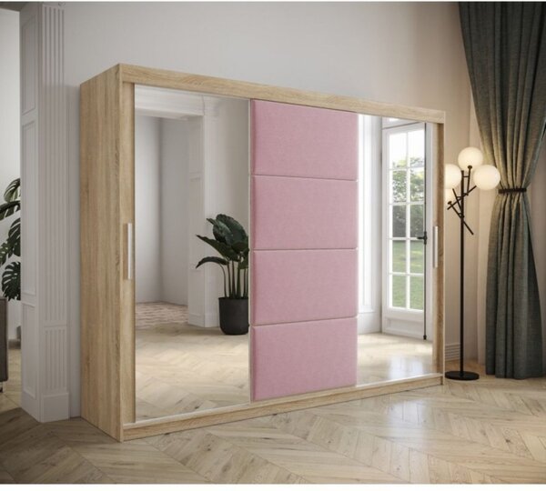 Šatní skříň s posuvnými dveřmi 250 cm TALIA - dub sonoma / růžová