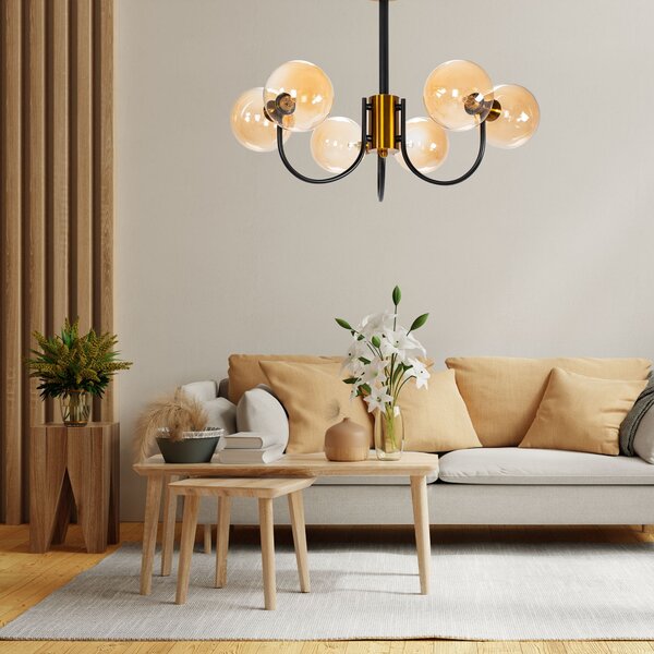 Toolight Toolight, skleněná závěsná stropní svítilna 6xG9 APP1120-6CP, zlatá-černá, OSW-40100