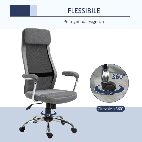 Vinsetto Ergonomická otočná kancelářská židle, nastavitelná výška a funkce houpání, síťovina, 65x67x119-129cm, Šedá | Aosom