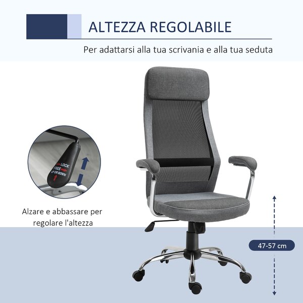 Vinsetto Ergonomická otočná kancelářská židle, nastavitelná výška a funkce houpání, síťovina, 65x67x119-129cm, Šedá | Aosom