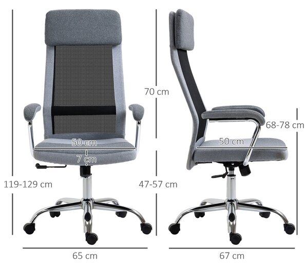 Vinsetto Ergonomická otočná kancelářská židle, nastavitelná výška a funkce houpání, síťovina, 65x67x119-129cm, Šedá | Aosom