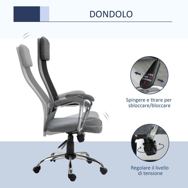 Vinsetto Ergonomická otočná kancelářská židle, nastavitelná výška a funkce houpání, síťovina, 65x67x119-129cm, Šedá | Aosom