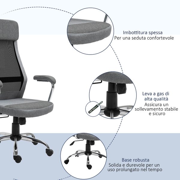 Vinsetto Ergonomická otočná kancelářská židle, nastavitelná výška a funkce houpání, síťovina, 65x67x119-129cm, Šedá | Aosom