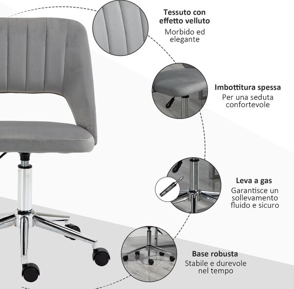 Ergonomická a otočná kancelářská židle Vinsetto, polstrovaná pracovní židle s nastavitelnou výškou, šedá 49x60x79-91cm | Aosom