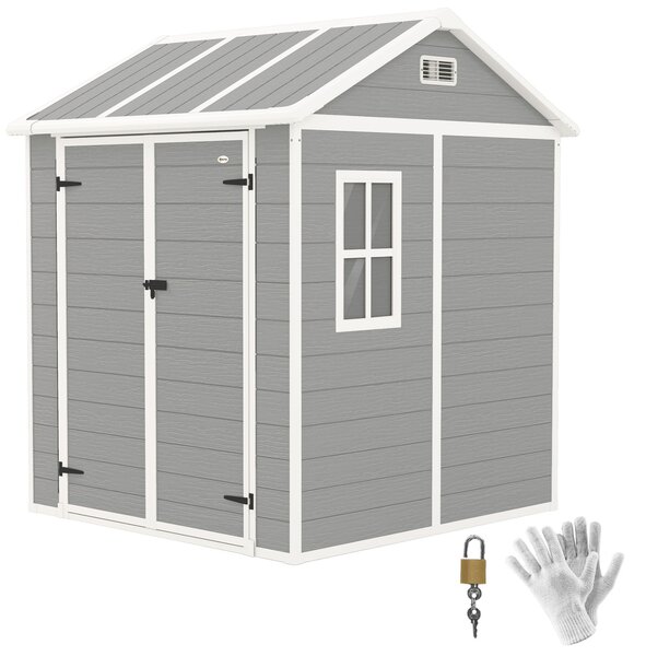 Zahradní kůlna Outsunny s povrchem připomínajícím staré dřevo, 2,91 m², s dvojitými dveřmi a zámkem, šikmou střechou, 181x181x220 cm, šedá | Aosom