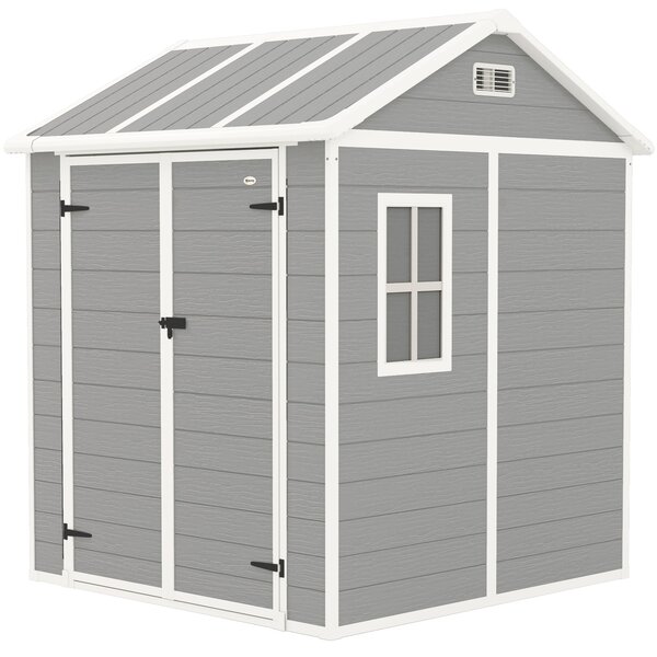 Zahradní kůlna Outsunny s povrchem připomínajícím staré dřevo, 2,91 m², s dvojitými dveřmi a zámkem, šikmou střechou, 181x181x220 cm, šedá | Aosom