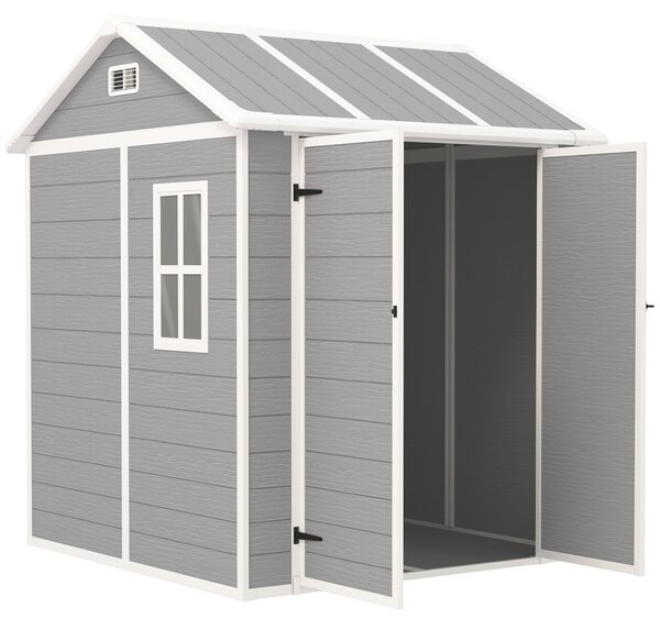 Zahradní kůlna Outsunny s povrchem připomínajícím staré dřevo, 2,91 m², s dvojitými dveřmi a zámkem, šikmou střechou, 181x181x220 cm, šedá | Aosom