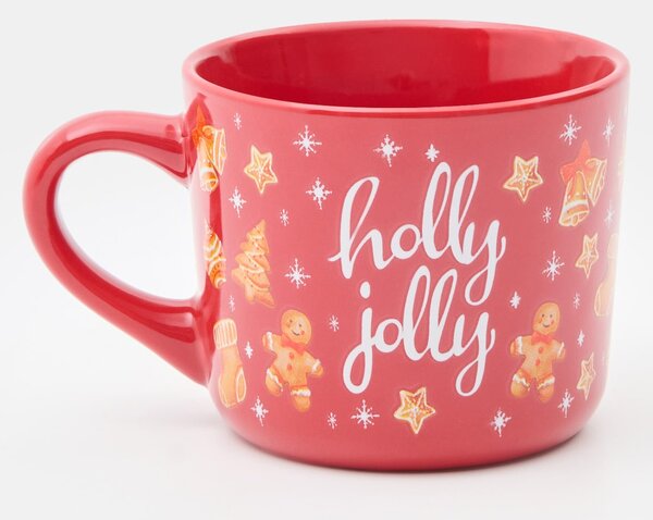 Sinsay - Vánoční keramický hrnek s motivem perníčků a nápisem „Holly Jolly“ - červená