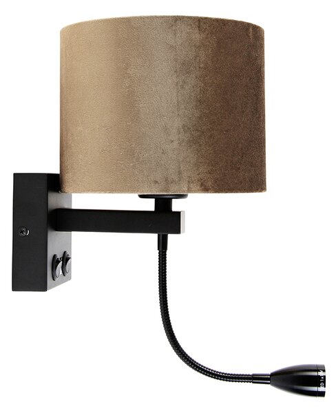 Nástěnná lampa černá s hnědým sametovým stínítkem 18 cm - Brescia