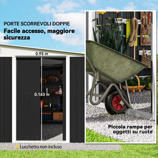Outsunny 8,9m² Ocelová Zahradní Kůlna se 2 Ventilačními Otvory, Kůlna na Nástroje se Šikmou Střechou, Dvojité Posuvné Zámkové Dveře a Rukavice, 280x34