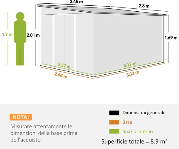 Outsunny 8,9m² Ocelová Zahradní Kůlna se 2 Ventilačními Otvory, Kůlna na Nástroje se Šikmou Střechou, Dvojité Posuvné Zámkové Dveře a Rukavice, 280x34