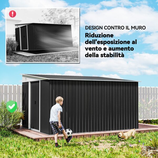 Outsunny 8,9m² Ocelová Zahradní Kůlna se 2 Ventilačními Otvory, Kůlna na Nástroje se Šikmou Střechou, Dvojité Posuvné Zámkové Dveře a Rukavice, 280x34