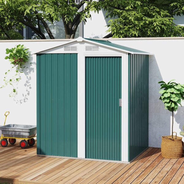 Zahradní kůlna Outsunny 1,7 m² z pozinkované oceli se 4 větracími otvory, s šikmou střechou a posuvnými dveřmi, 152x132x188 cm, Zelená | Aosom