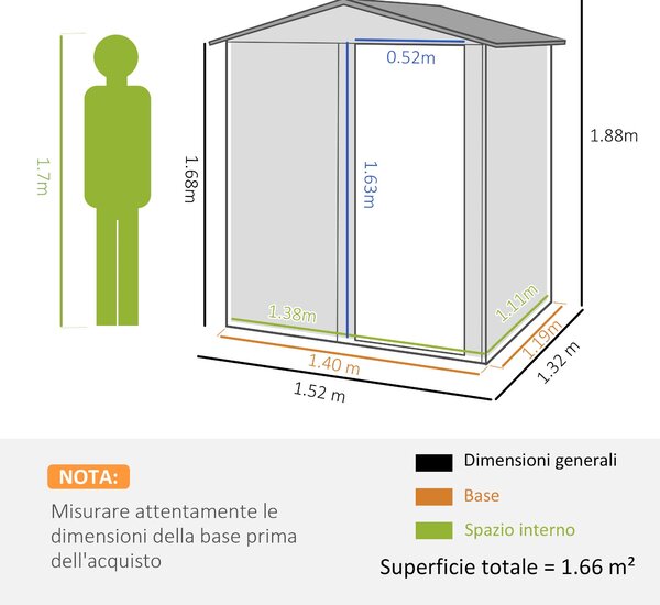 Zahradní kůlna Outsunny 1,7 m² z pozinkované oceli se 4 větracími otvory, s šikmou střechou a posuvnými dveřmi, 152x132x188 cm, Zelená | Aosom