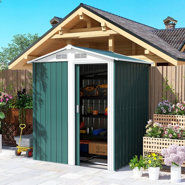 Zahradní kůlna Outsunny 1,7 m² z pozinkované oceli se 4 větracími otvory, s šikmou střechou a posuvnými dveřmi, 152x132x188 cm, Zelená | Aosom