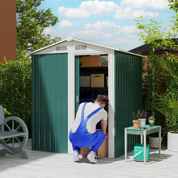Zahradní kůlna Outsunny 1,7 m² z pozinkované oceli se 4 větracími otvory, s šikmou střechou a posuvnými dveřmi, 152x132x188 cm, Zelená | Aosom
