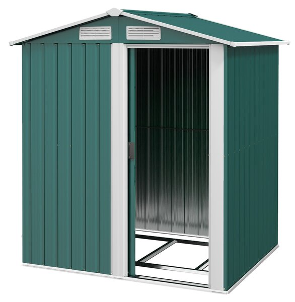 Zahradní kůlna Outsunny 1,7 m² z pozinkované oceli se 4 větracími otvory, s šikmou střechou a posuvnými dveřmi, 152x132x188 cm, Zelená | Aosom