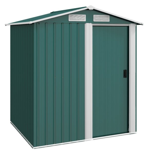 Zahradní kůlna Outsunny 1,7 m² z pozinkované oceli se 4 větracími otvory, s šikmou střechou a posuvnými dveřmi, 152x132x188 cm, Zelená | Aosom